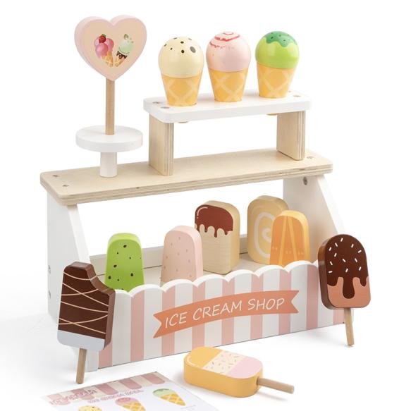 Children's wooden role-playing simulation toy, Danish noble ice cream stand, educational pretend activity, children's learning toy
